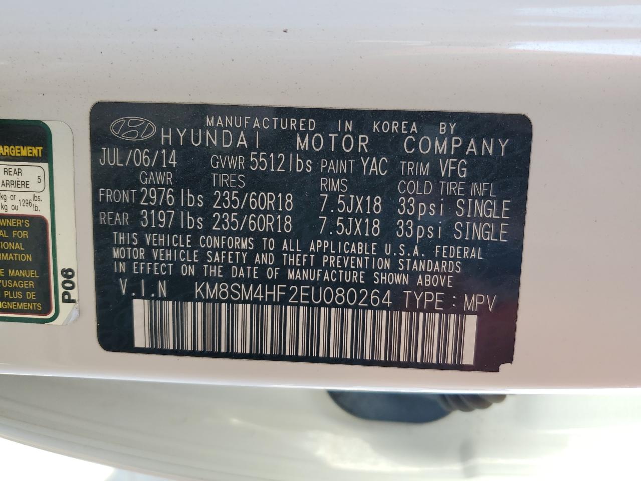 KM8SM4HF2EU080264 2014 Hyundai Santa Fe Gls