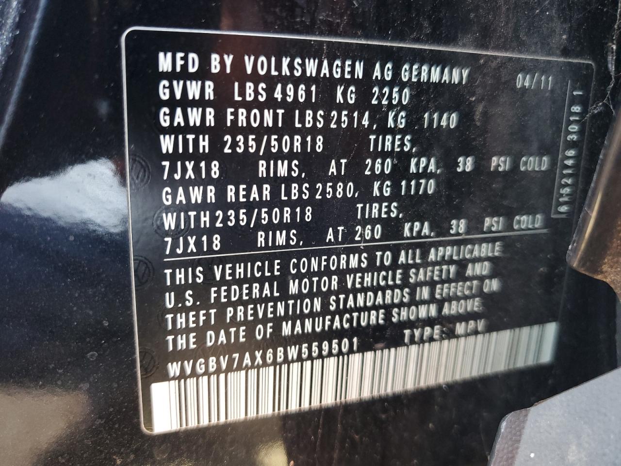 2011 Volkswagen Tiguan S VIN: WVGBV7AX6BW559501 Lot: 70538084