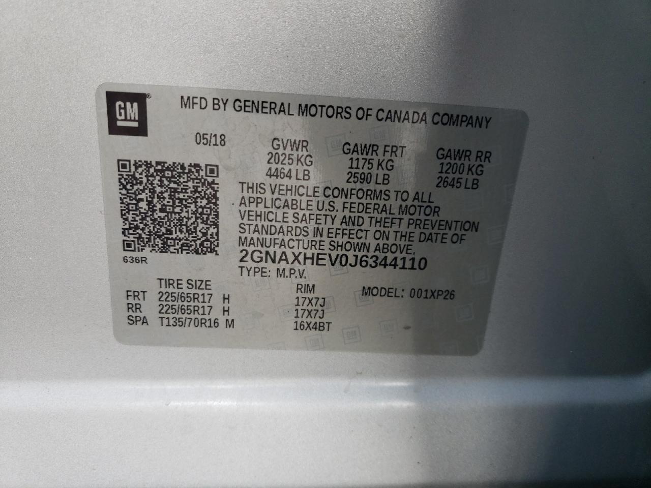 2GNAXHEV0J6344110 2018 Chevrolet Equinox Ls