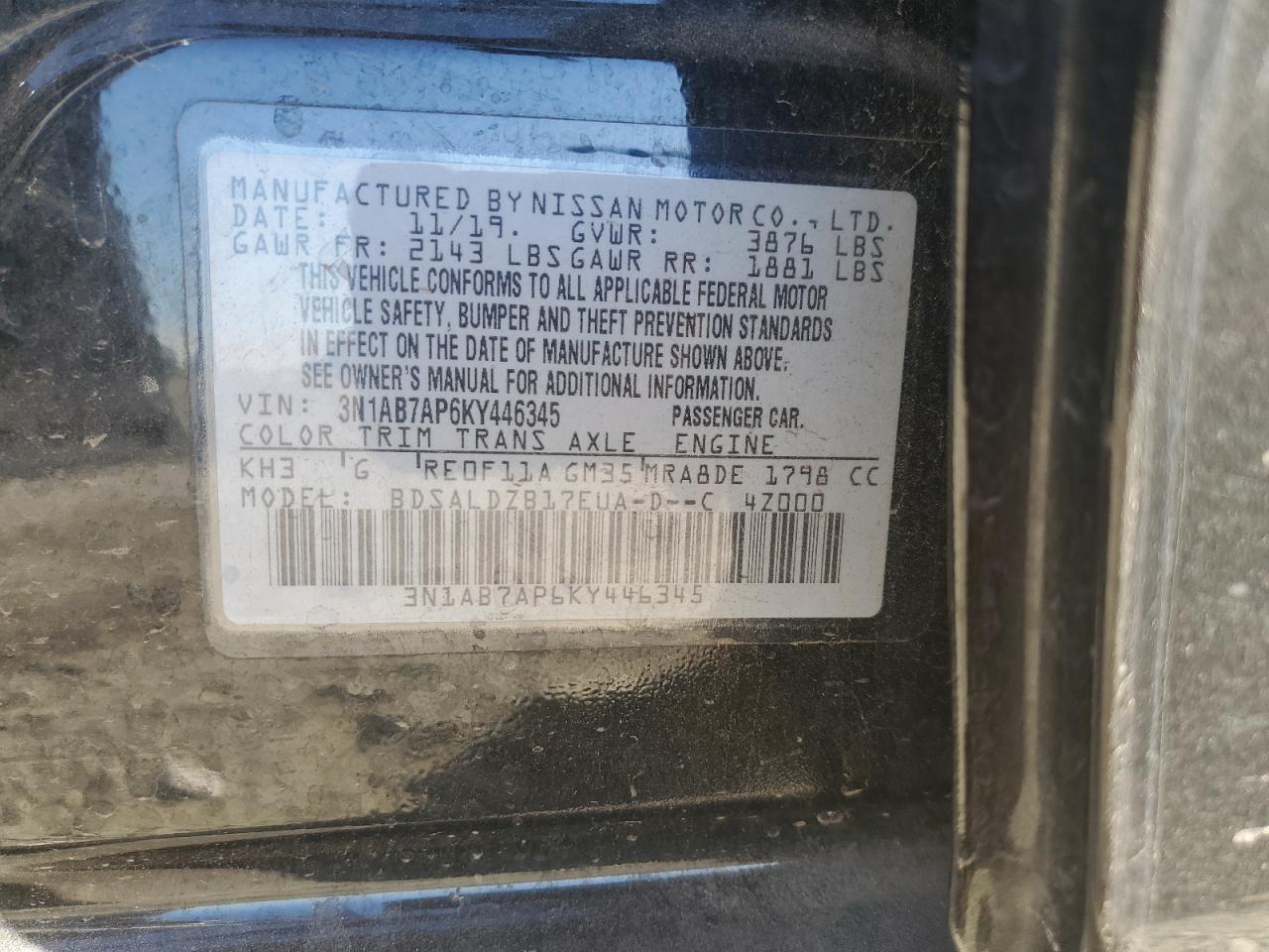 3N1AB7AP6KY446345 2019 Nissan Sentra S