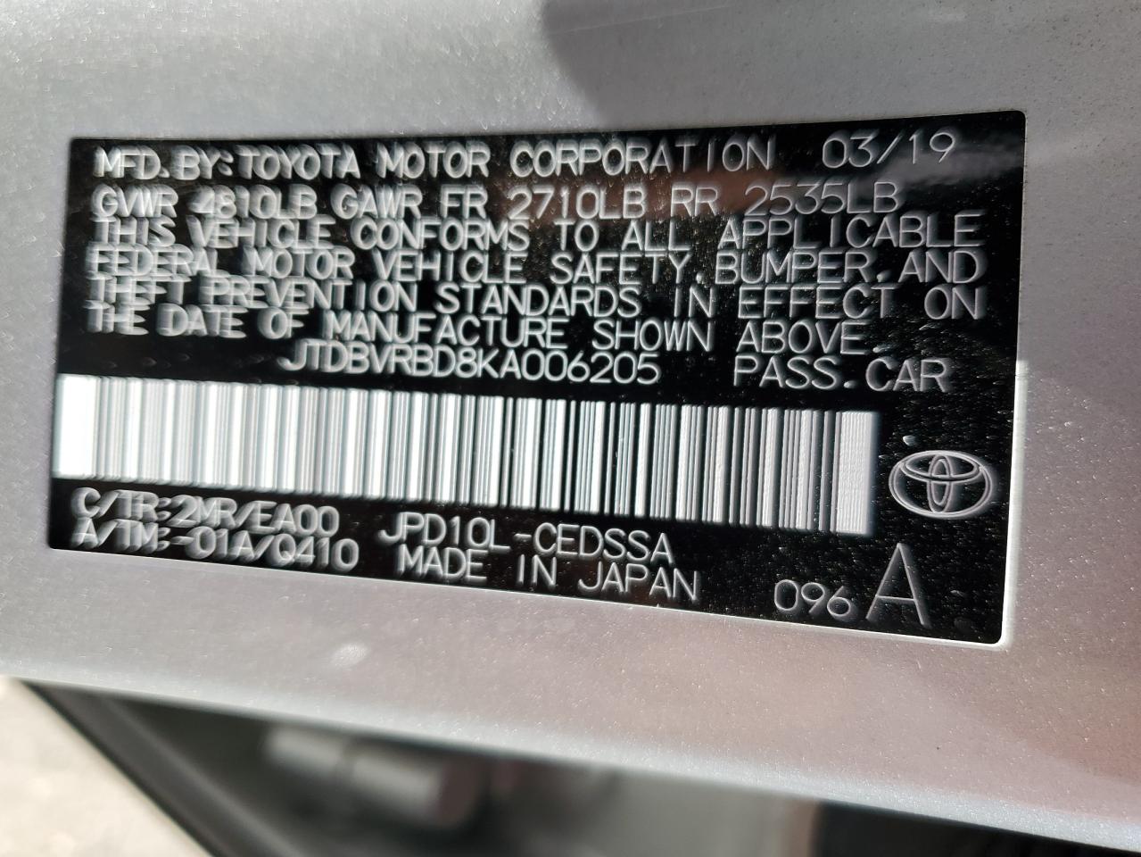 2019 Toyota Mirai VIN: JTDBVRBD8KA006205 Lot: 69463414