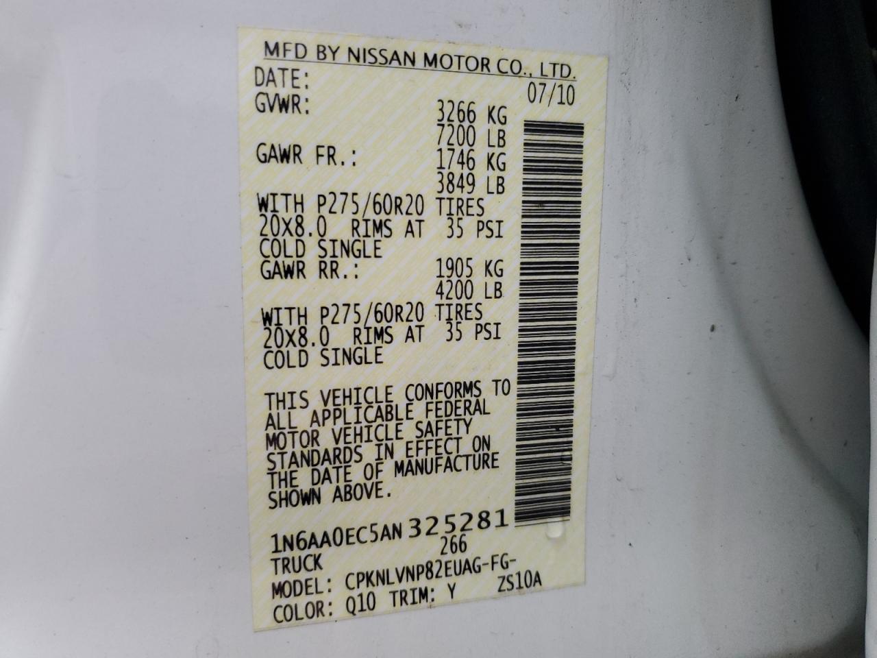 1N6AA0EC5AN325281 2010 Nissan Titan Xe