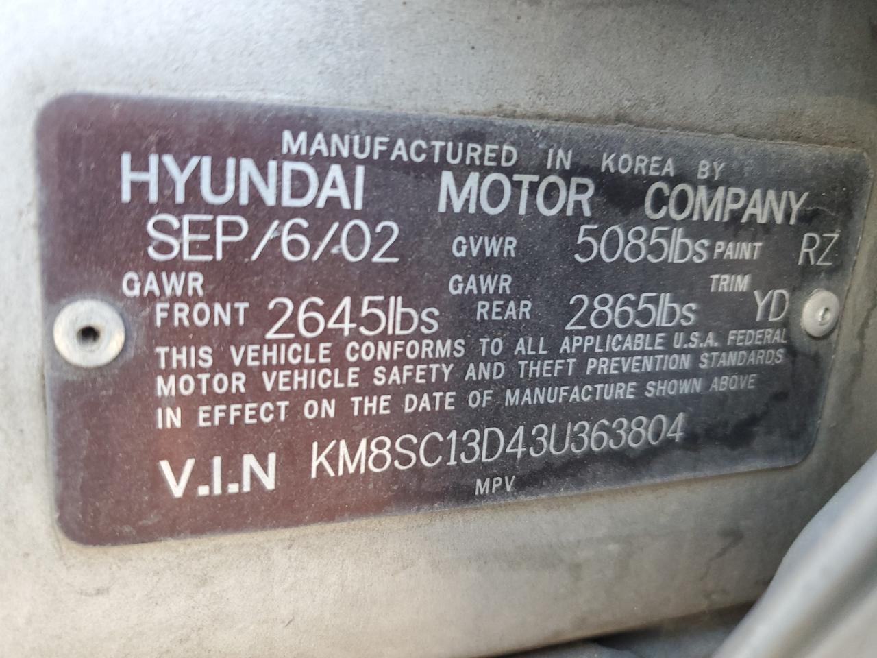 KM8SC13D43U363804 2003 Hyundai Santa Fe Gls