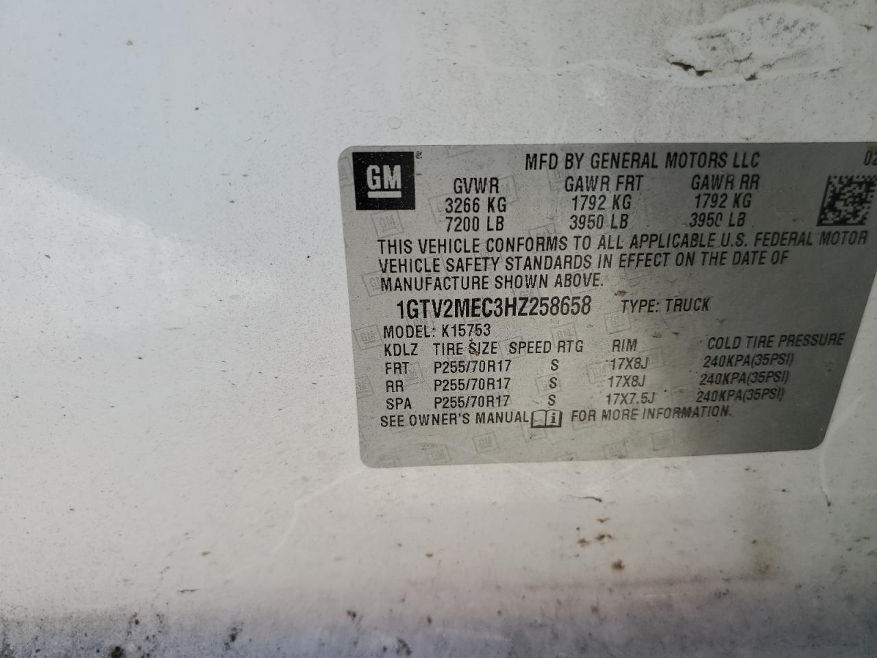 1GTV2MEC3HZ258658 2017 GMC Sierra K1500 Sle