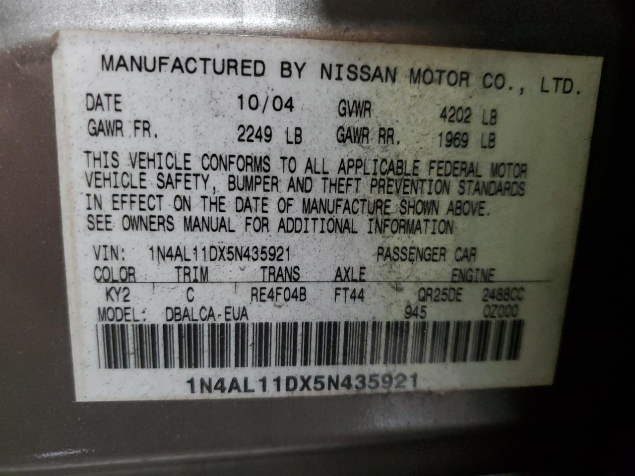 1N4AL11DX5N435921 2005 Nissan Altima S