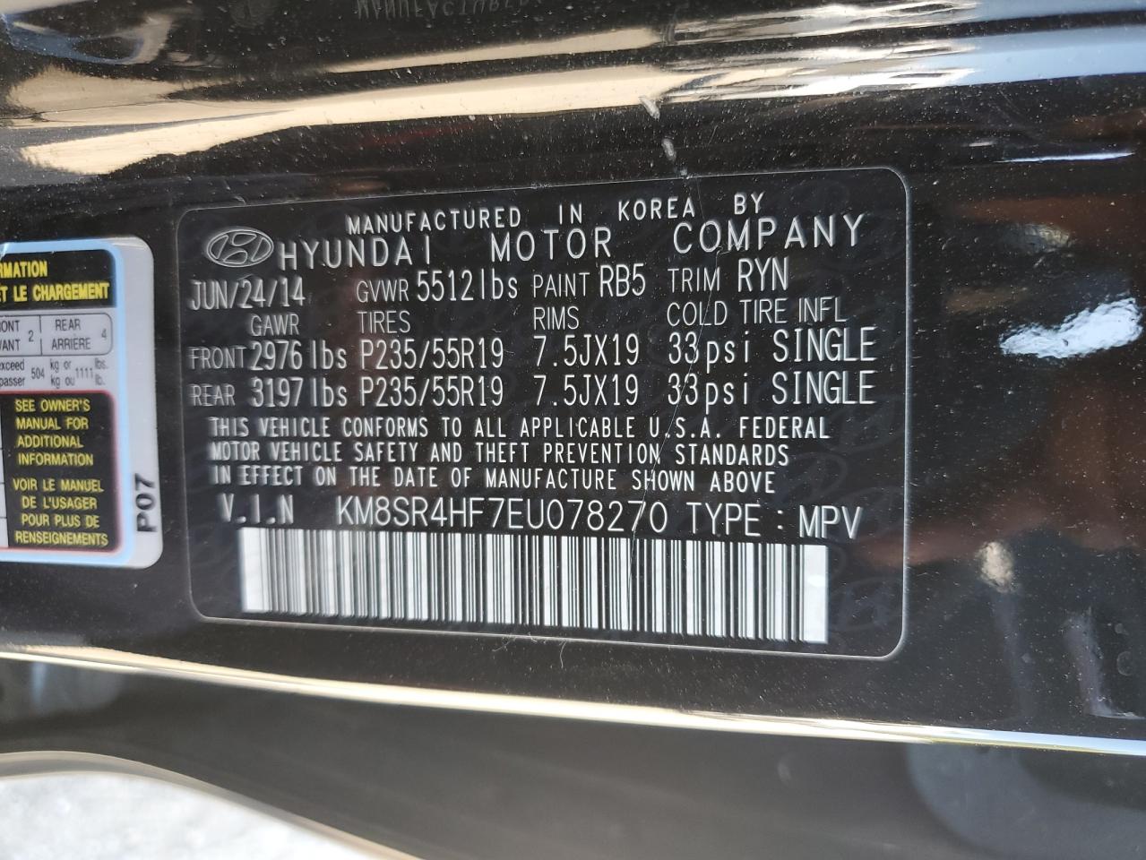 KM8SR4HF7EU078270 2014 Hyundai Santa Fe Gls