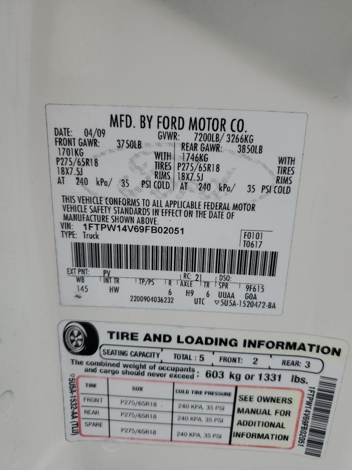 1FTPW14V69FB02051 2009 Ford F150 Supercrew