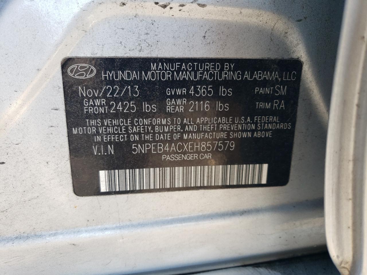 5NPEB4ACXEH857579 2014 Hyundai Sonata Gls