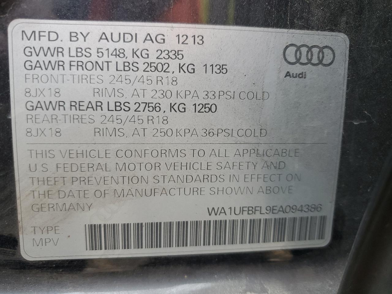 2014 Audi A4 Allroad Premium Plus VIN: WA1UFBFL9EA094386 Lot: 71663714