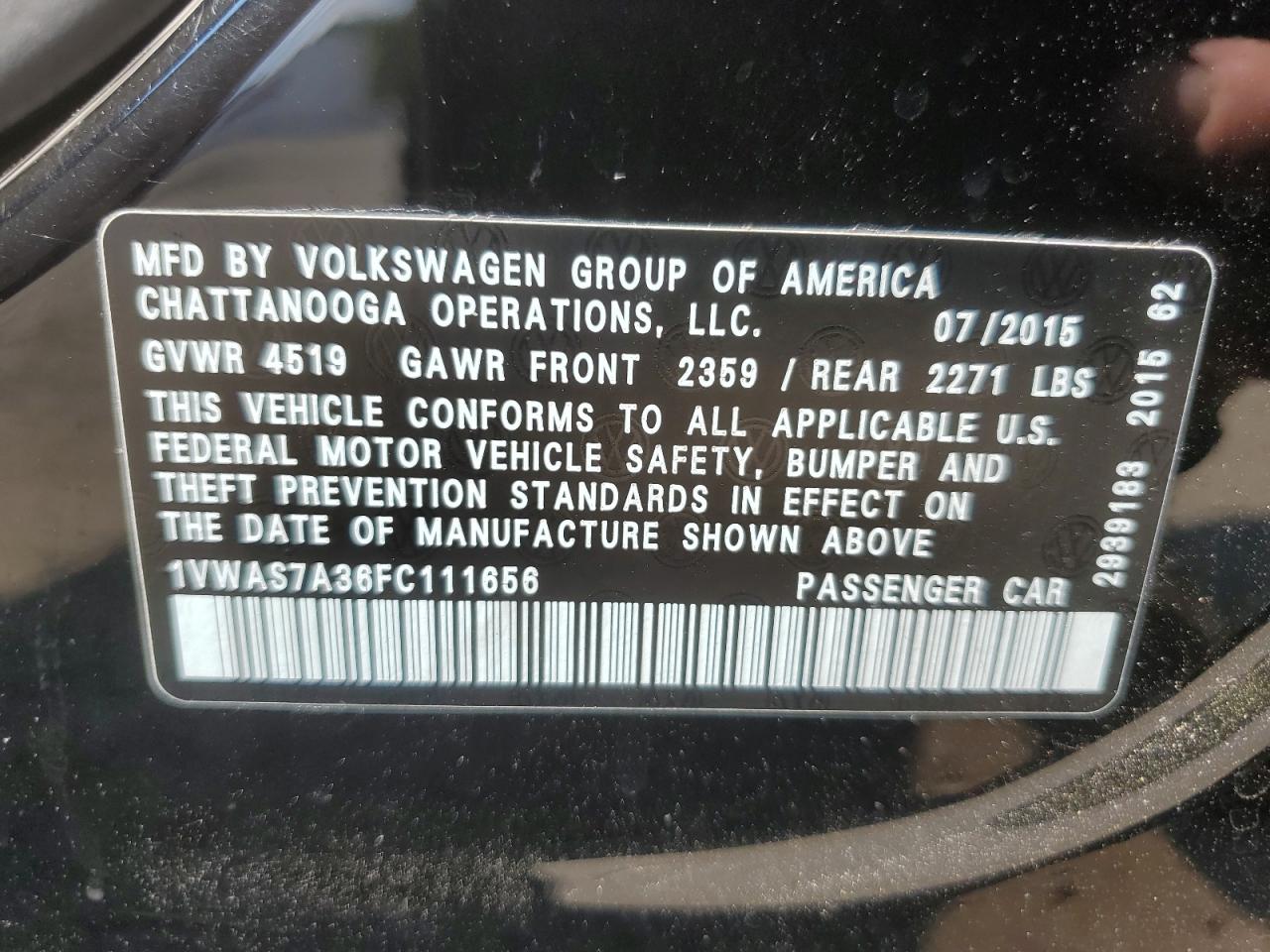 1VWAS7A36FC111656 2015 Volkswagen Passat S