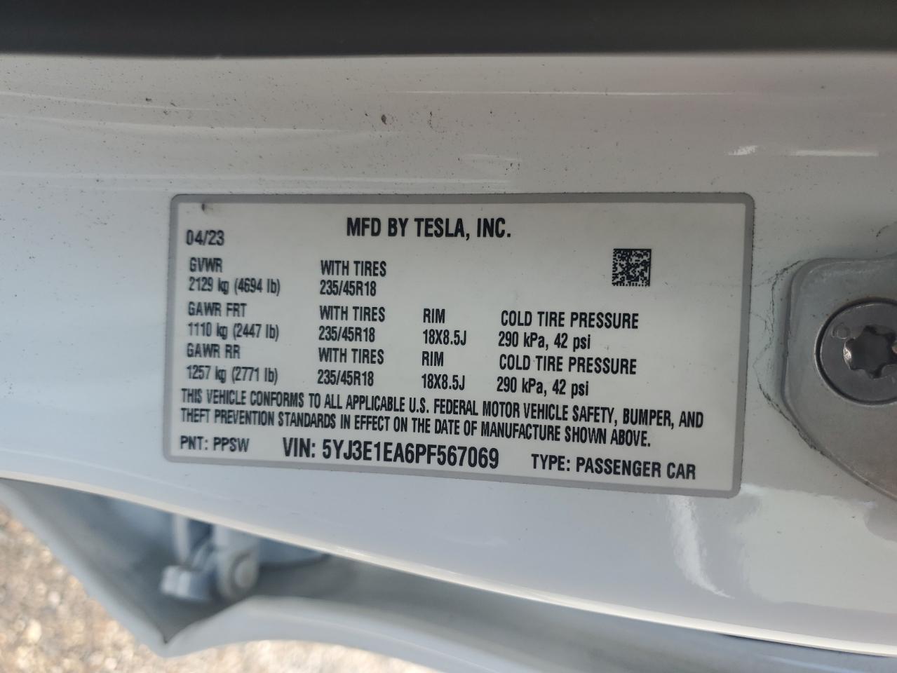 2023 Tesla Model 3 VIN: 5YJ3E1EA6PF567069 Lot: 70500234