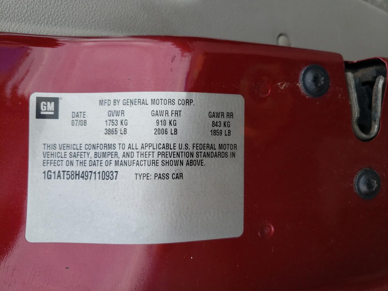 1G1AT58H497110937 2009 Chevrolet Cobalt Lt