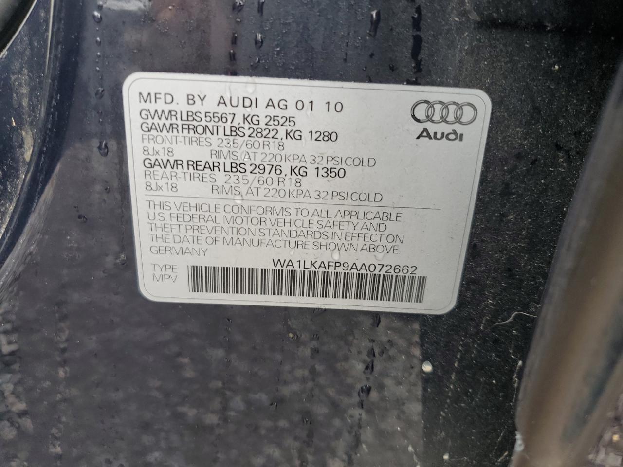 WA1LKAFP9AA072662 2010 Audi Q5 Premium Plus