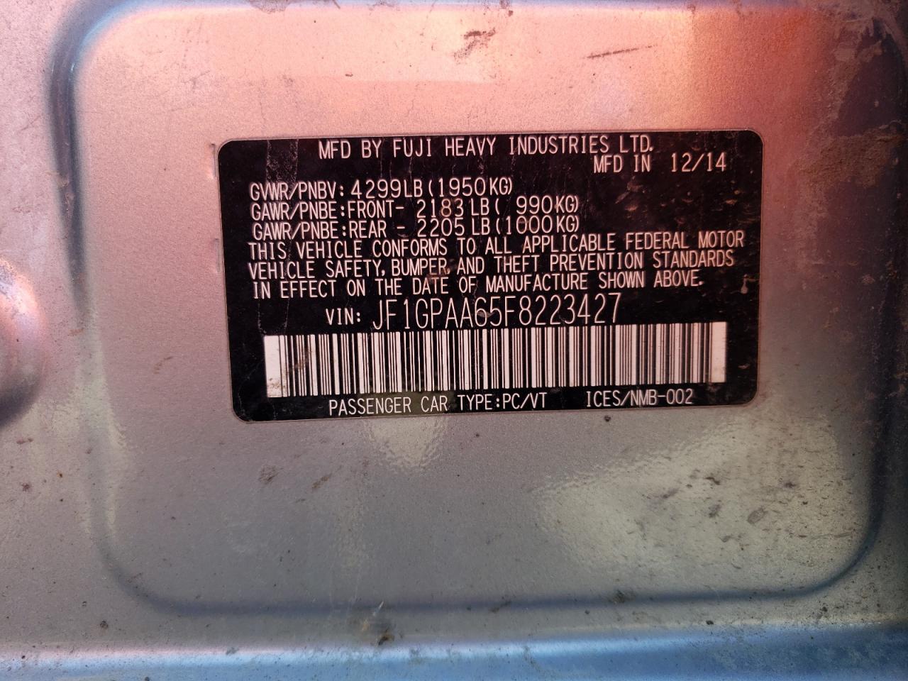 2015 Subaru Impreza VIN: JF1GPAA65F8223427 Lot: 70197894