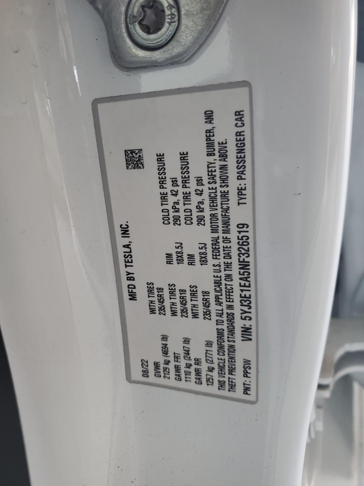 5YJ3E1EA5NF326519 2022 Tesla Model 3