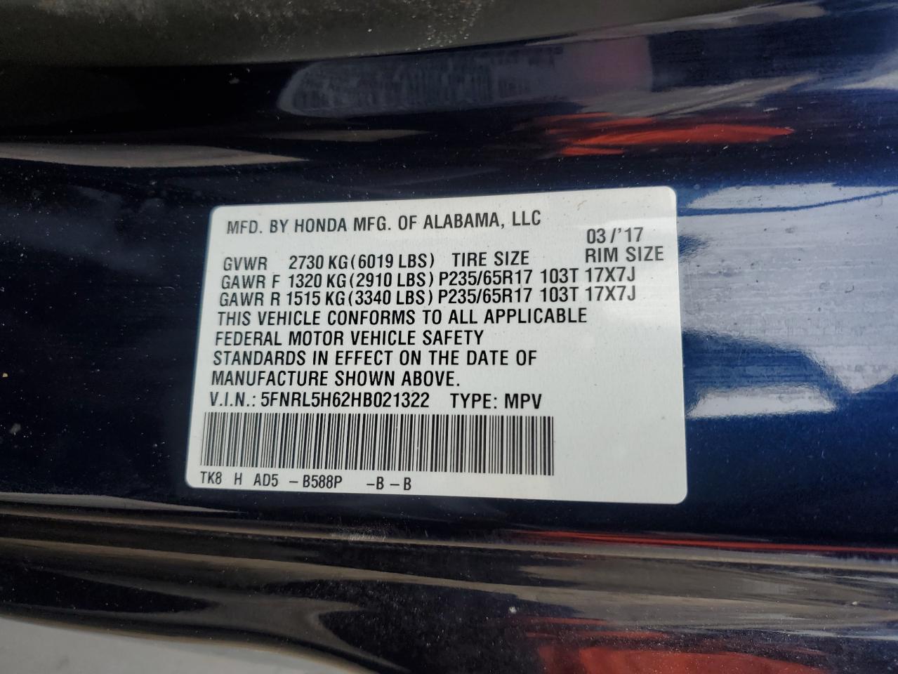 5FNRL5H62HB021322 2017 Honda Odyssey Exl