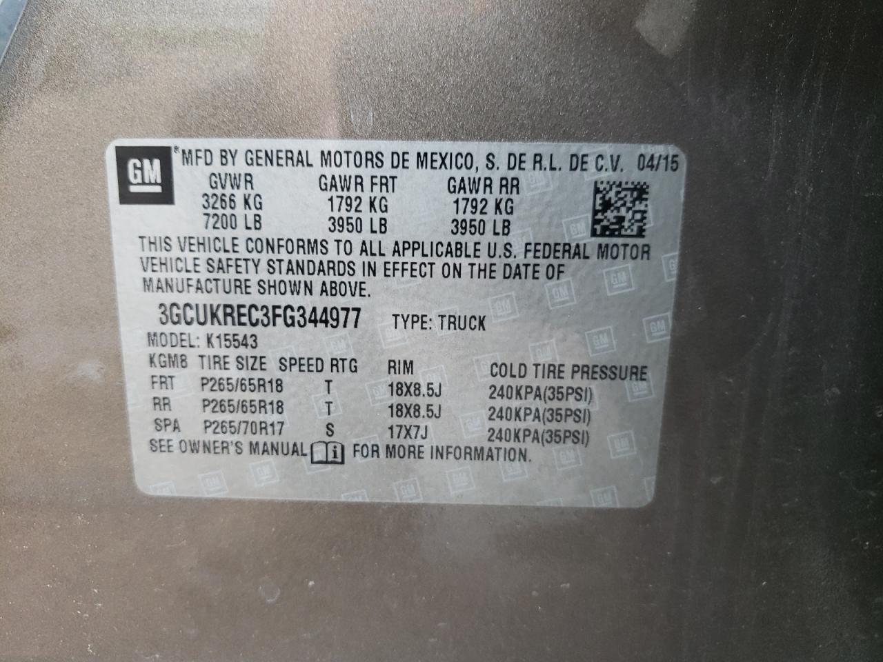 3GCUKREC3FG344977 2015 Chevrolet Silverado K1500 Lt