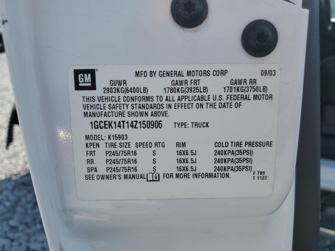 2004 Chevrolet Silverado K1500 VIN: 1GCEK14T14Z150906 Lot: 67705804