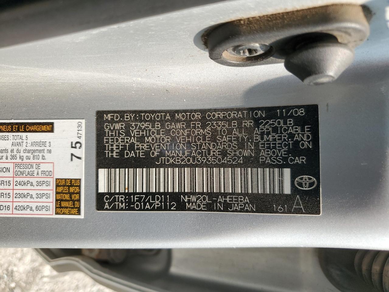 JTDKB20U393504524 2009 Toyota Prius