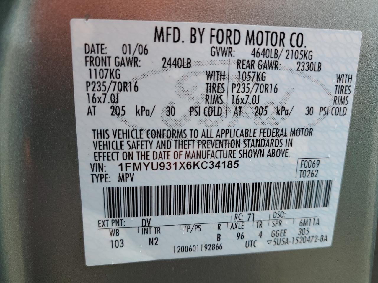 2006 Ford Escape Xlt VIN: 1FMYU931X6KC34185 Lot: 72522534