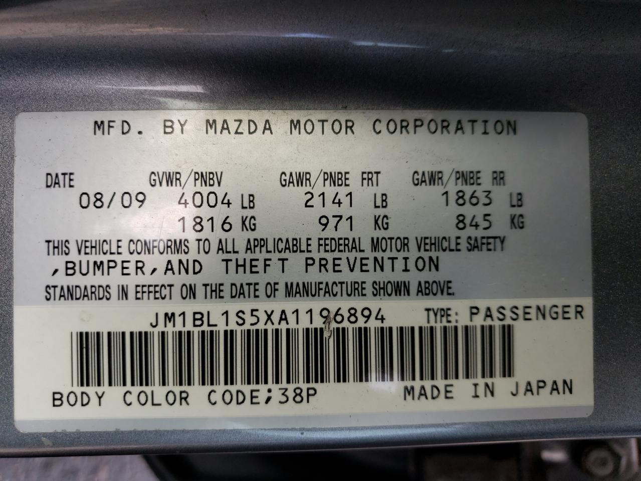 JM1BL1S5XA1196894 2010 Mazda 3 S