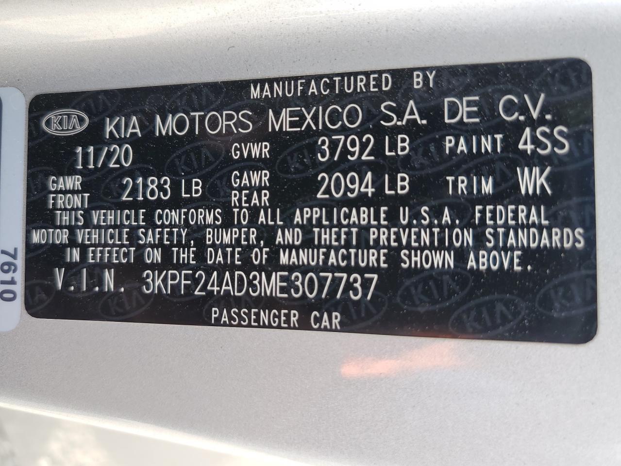 2021 Kia Forte Fe VIN: 3KPF24AD3ME307737 Lot: 70300024