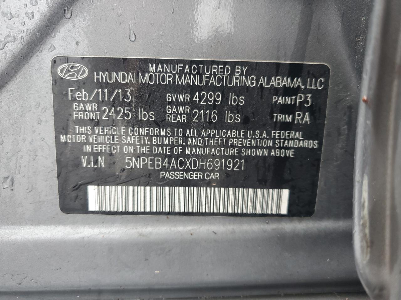 5NPEB4ACXDH691921 2013 Hyundai Sonata Gls