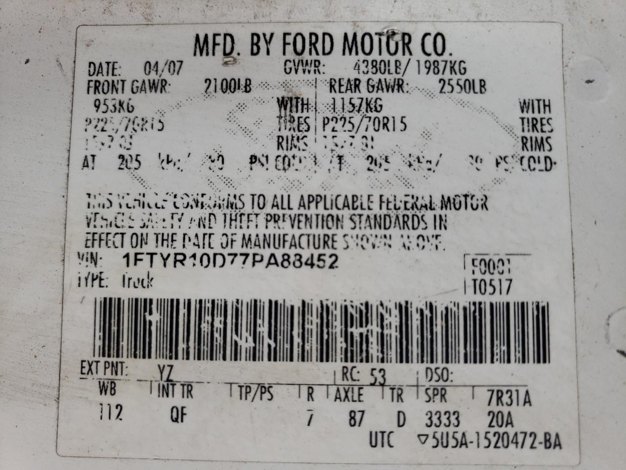 1FTYR10D77PA88452 2007 Ford Ranger