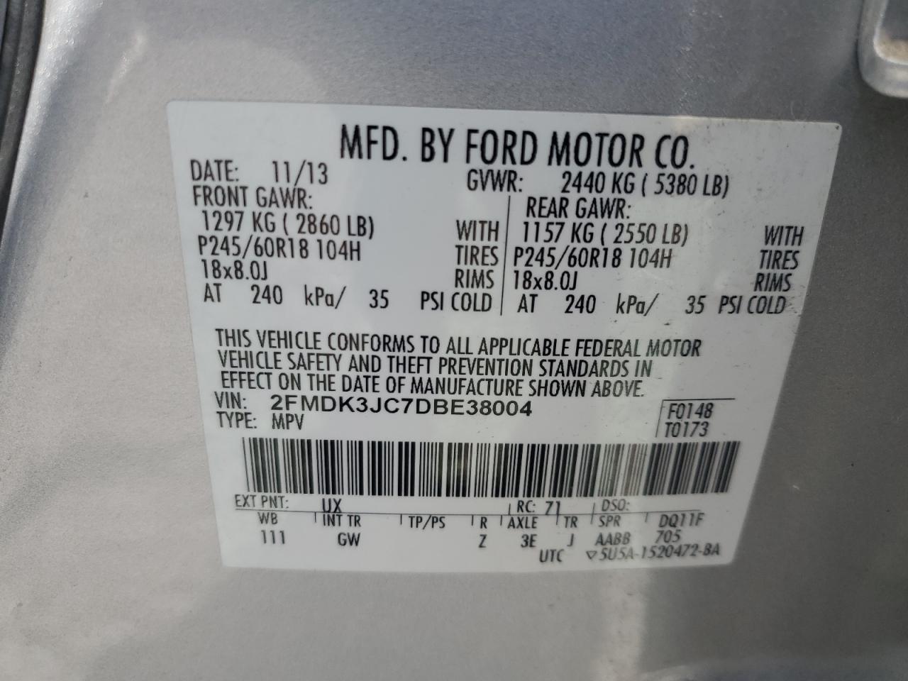 2013 Ford Edge Sel VIN: 2FMDK3JC7DBE38004 Lot: 71835844