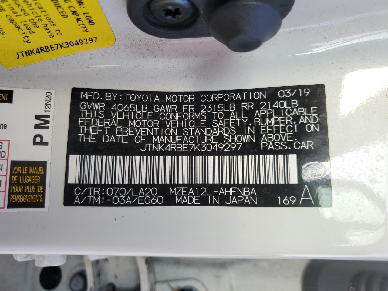 JTNK4RBE7K3049297 2019 Toyota Corolla Se