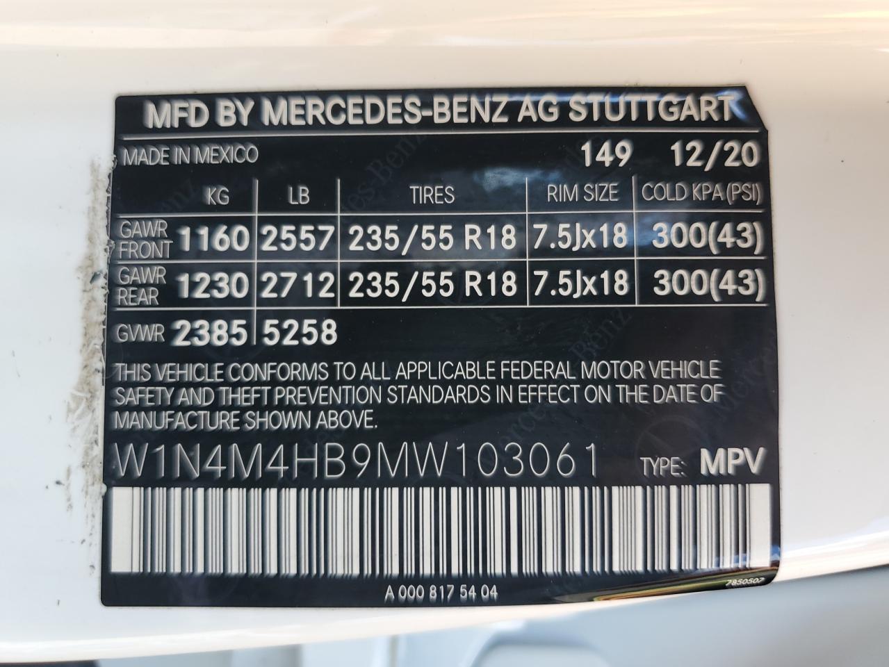 2021 Mercedes-Benz Glb 250 4Matic VIN: W1N4M4HB9MW103061 Lot: 72470234