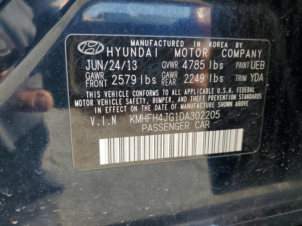 2013 Hyundai Azera Gls VIN: KMHFH4JG1DA302205 Lot: 70840334