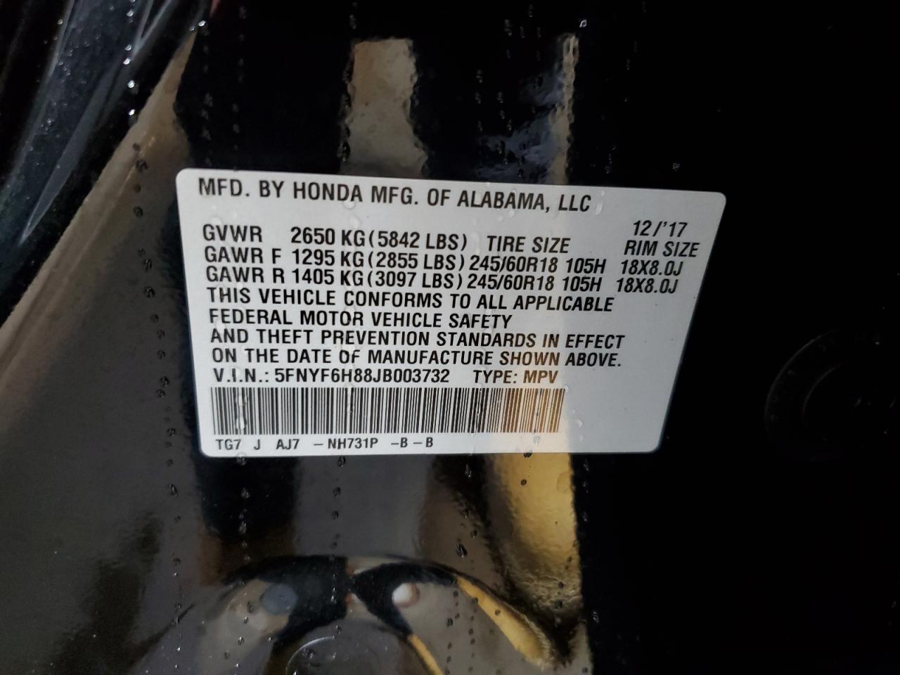 5FNYF6H88JB003732 2018 Honda Pilot Exl