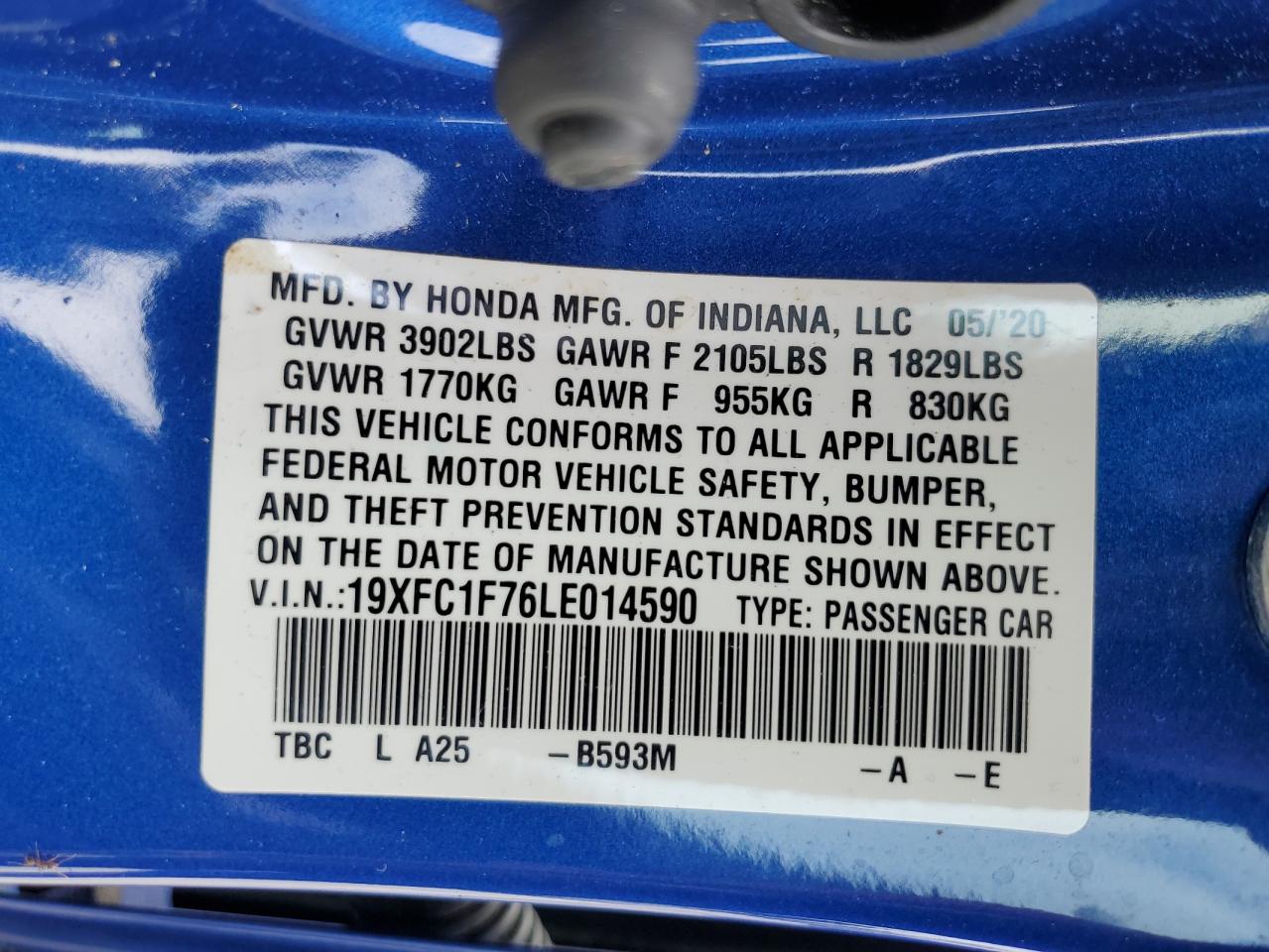 19XFC1F76LE014590 2020 Honda Civic Exl