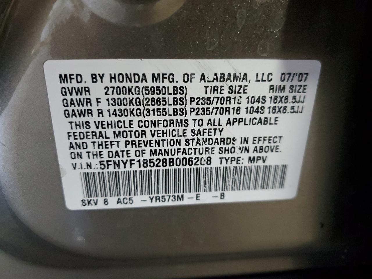 5FNYF18528B006208 2008 Honda Pilot Exl