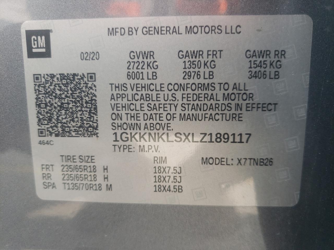 1GKKNKLSXLZ189117 2020 GMC Acadia Sle