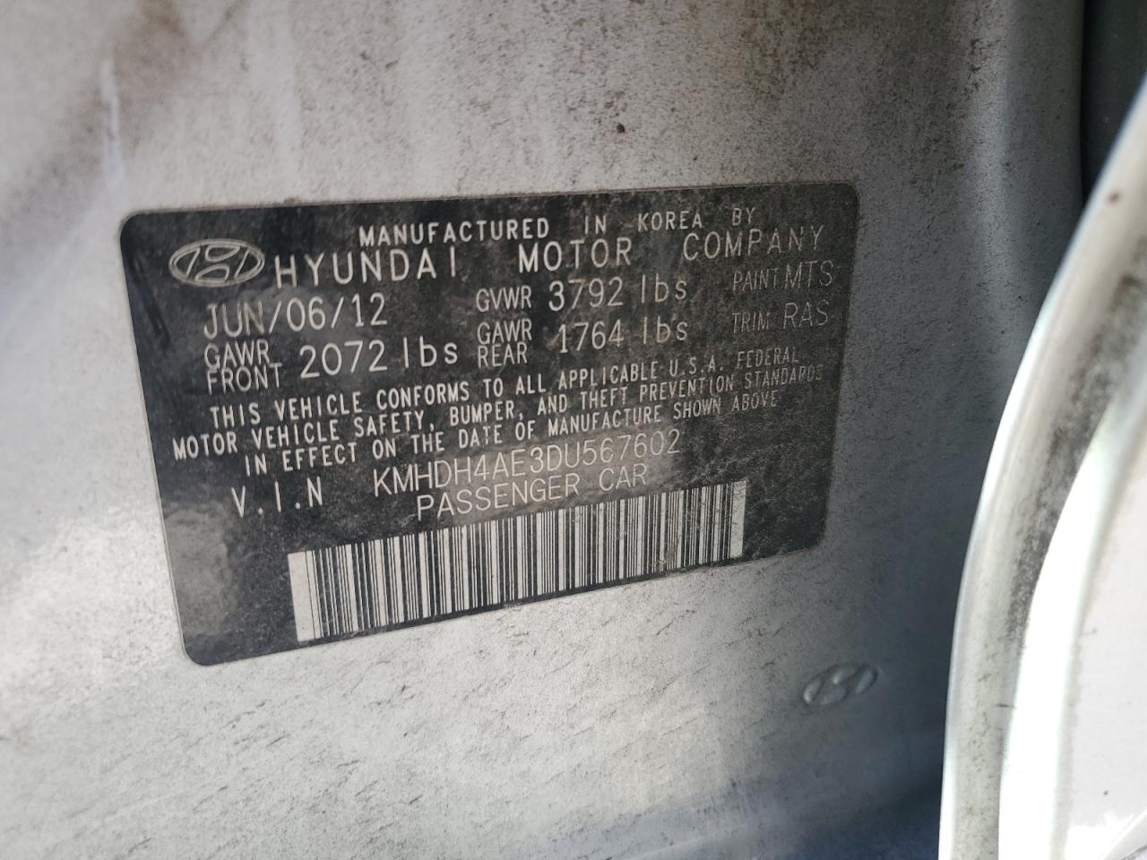 2013 Hyundai Elantra Gls VIN: KMHDH4AE3DU567602 Lot: 92083515