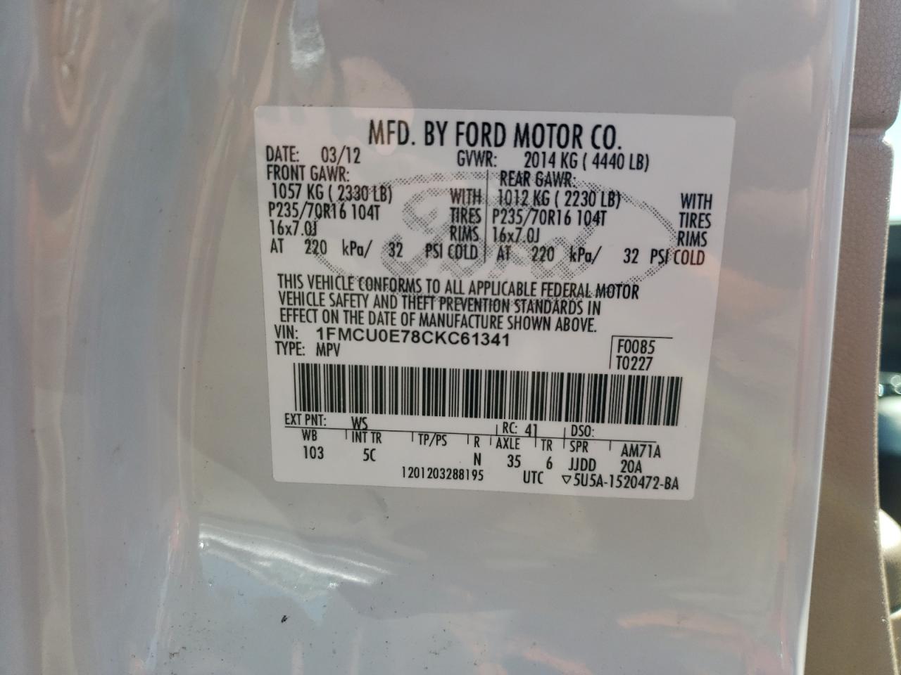 1FMCU0E78CKC61341 2012 Ford Escape Limited