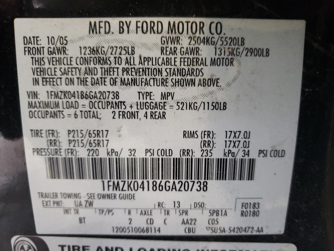 1FMZK04186GA20738 2006 Ford Freestyle Se