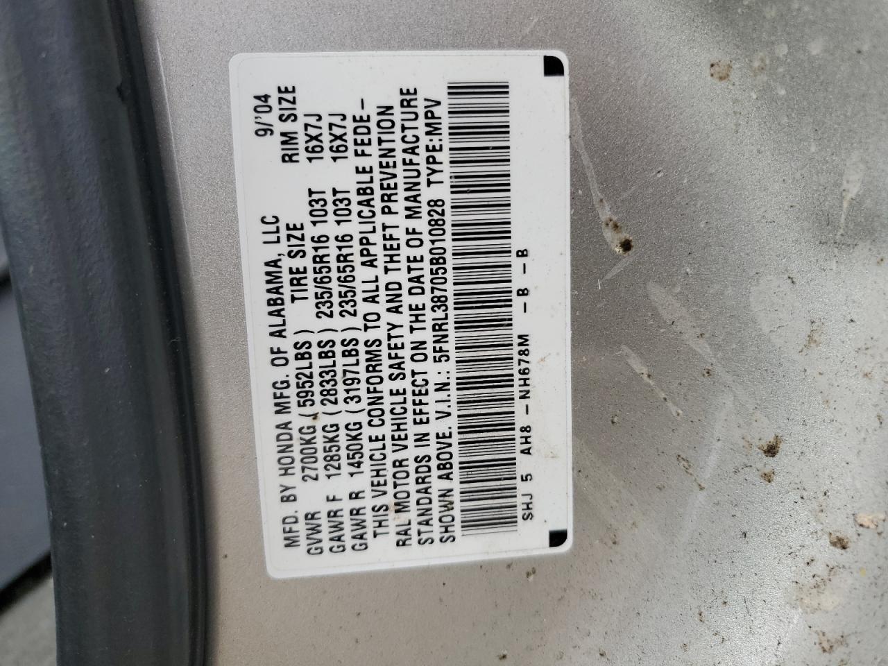 5FNRL38705B010828 2005 Honda Odyssey Exl