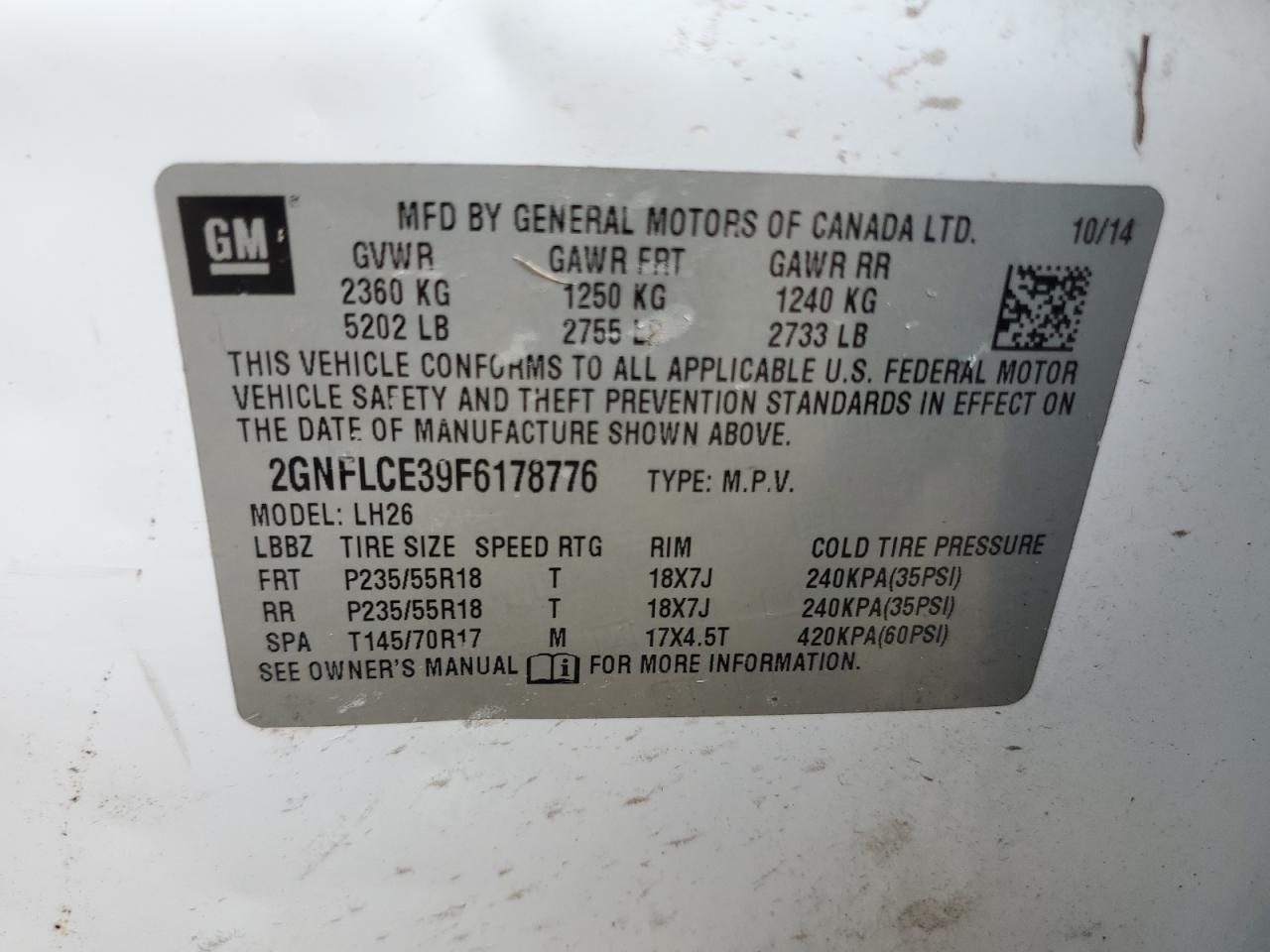 2GNFLCE39F6178776 2015 Chevrolet Equinox Lt