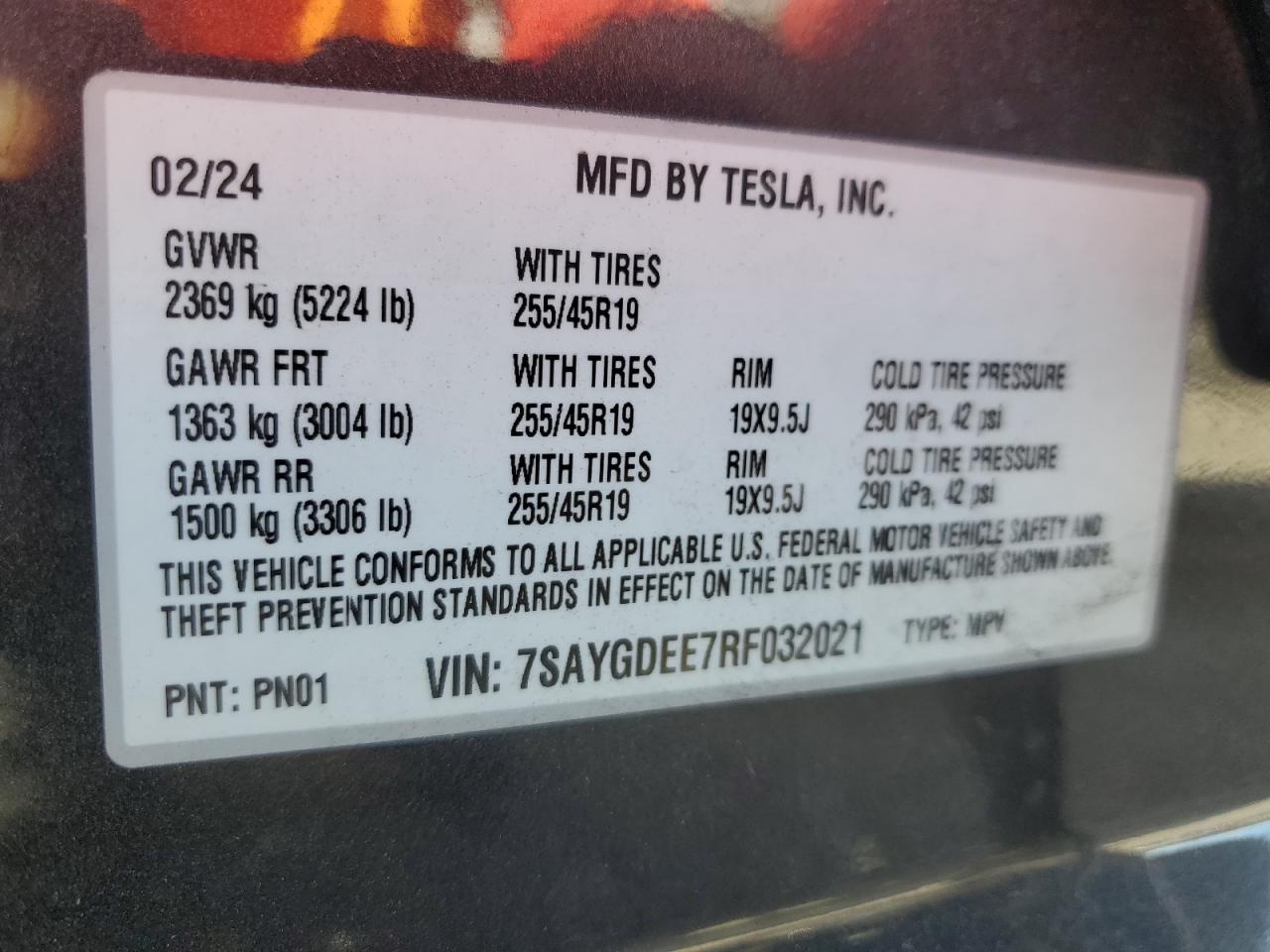 2024 Tesla Model Y VIN: 7SAYGDEE7RF032021 Lot: 70694474