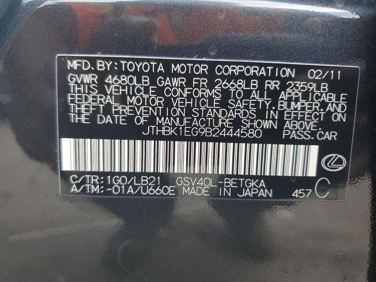 JTHBK1EG9B2444580 2011 Lexus Es 350