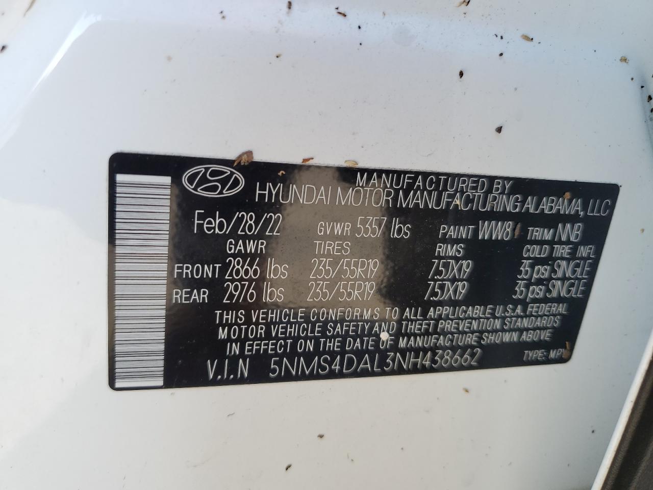 5NMS4DAL3NH438662 2022 Hyundai Santa Fe Limited