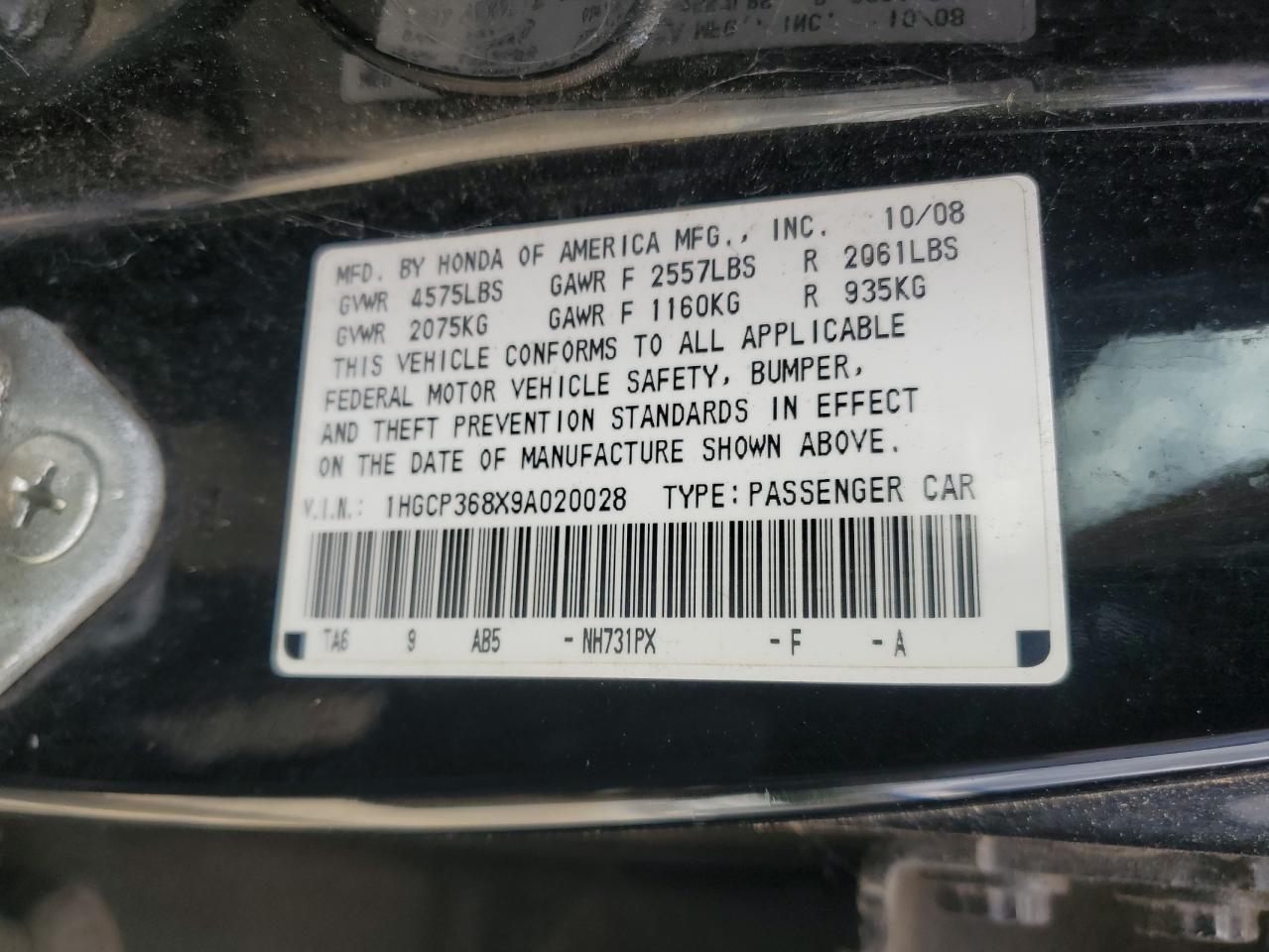 1HGCP368X9A020028 2009 Honda Accord Exl