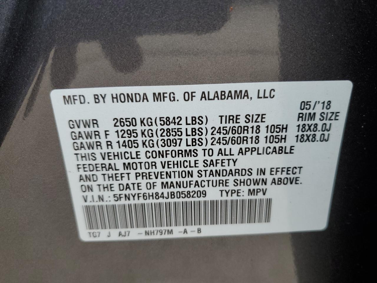 5FNYF6H84JB058209 2018 Honda Pilot Exl