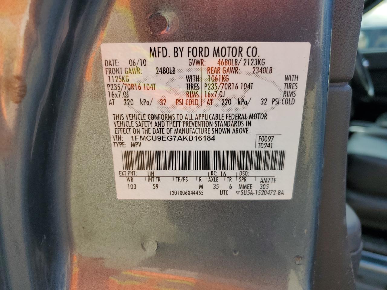 1FMCU9EG7AKD16184 2010 Ford Escape Limited