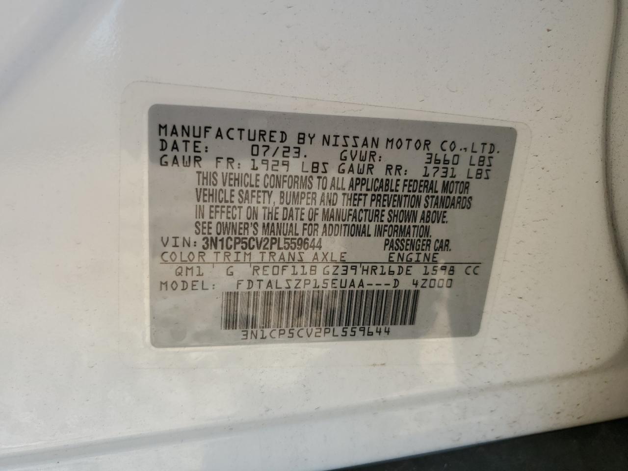 2023 Nissan Kicks Sv VIN: 3N1CP5CV2PL559644 Lot: 73989034
