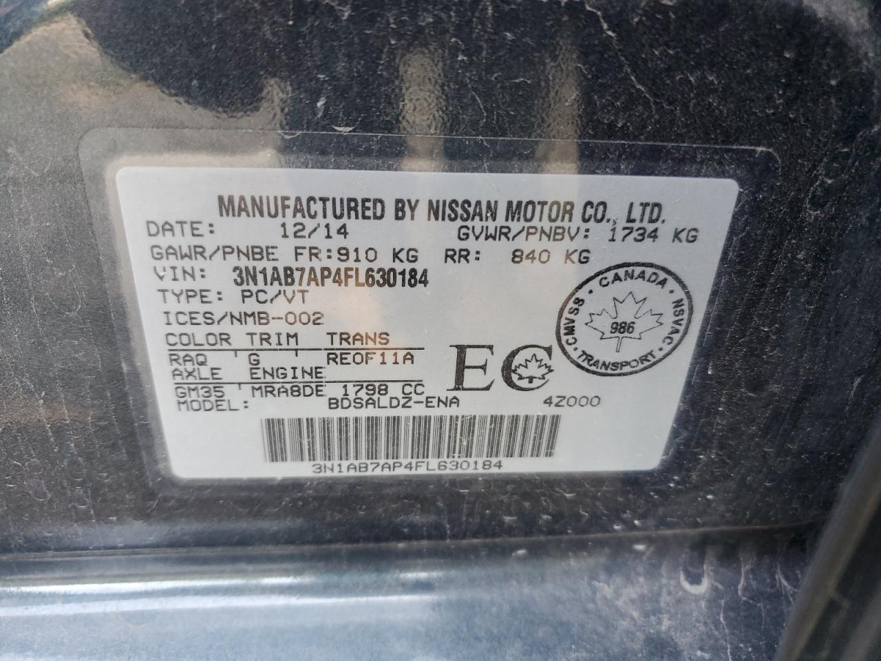 3N1AB7AP4FL630184 2015 Nissan Sentra S