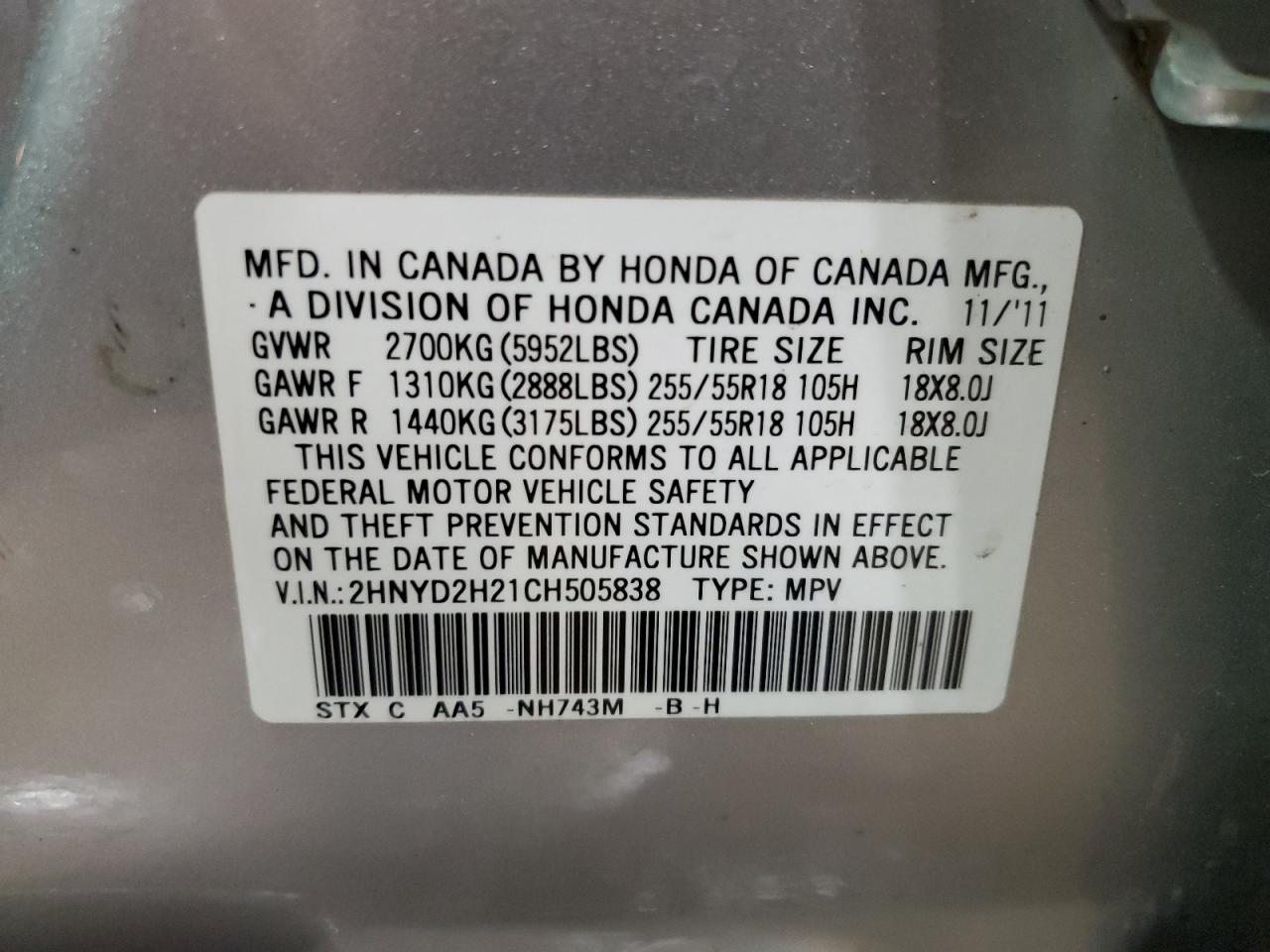 2HNYD2H21CH505838 2012 Acura Mdx